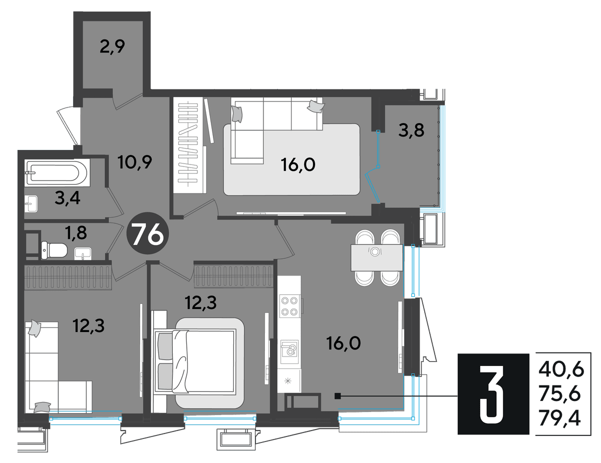 3-к, 78.9 м² · Парк Победы-2