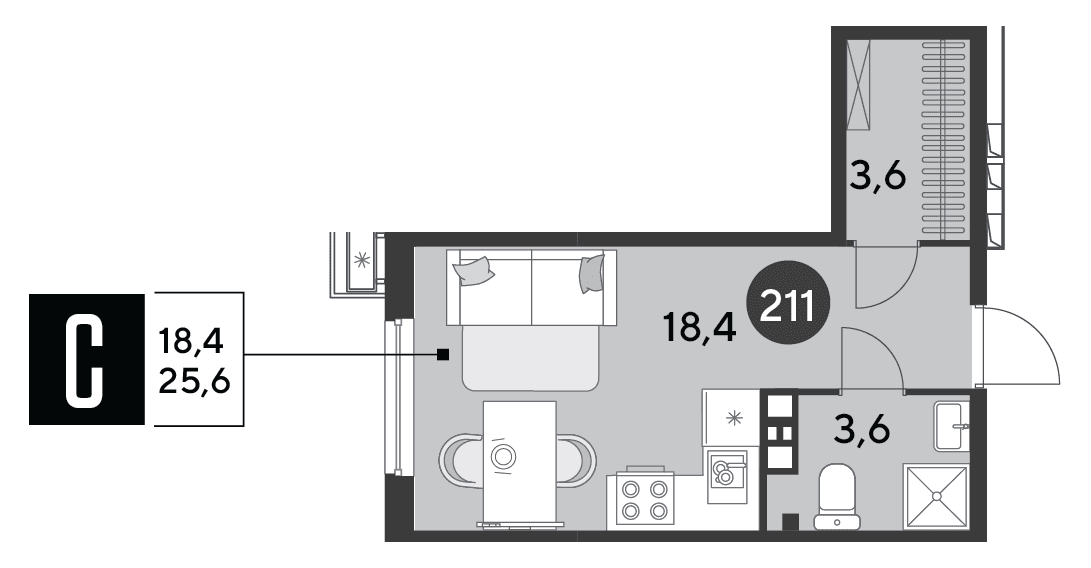 Студия, 25.6 м² · Парк Победы-2