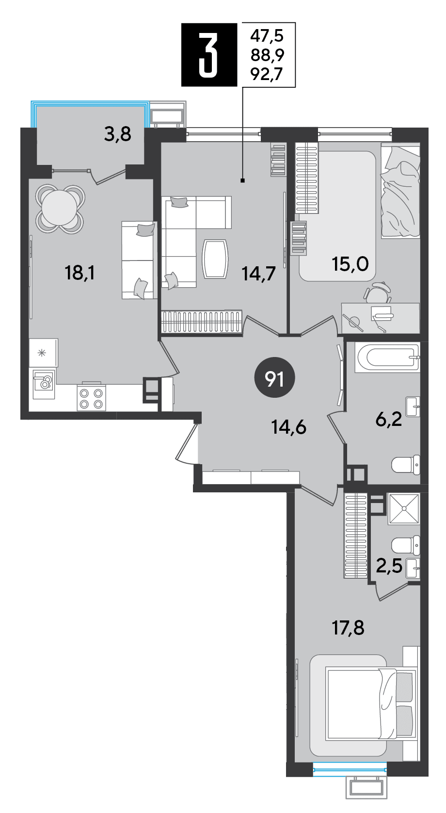 3-к, 92.7 м² · Парк Победы-2
