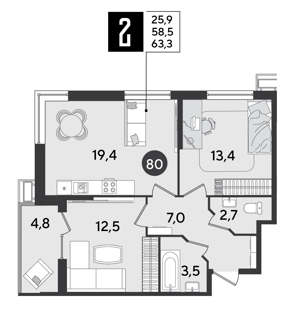 2-к, 63.3 м² · Парк Победы-2