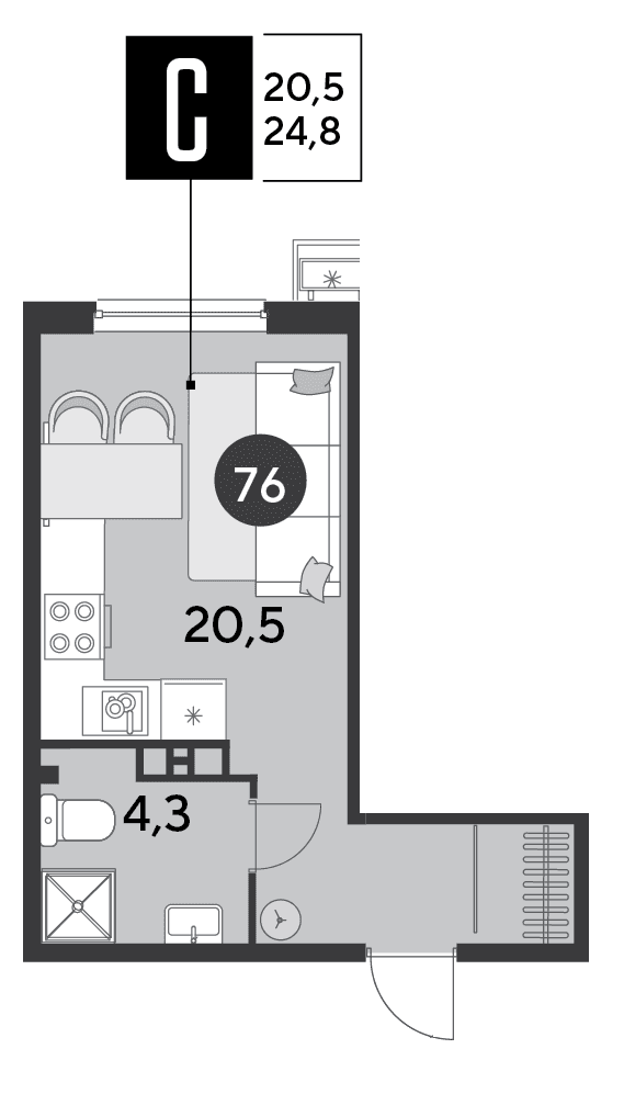 Студия, 24.8 м² · Парк Победы-2