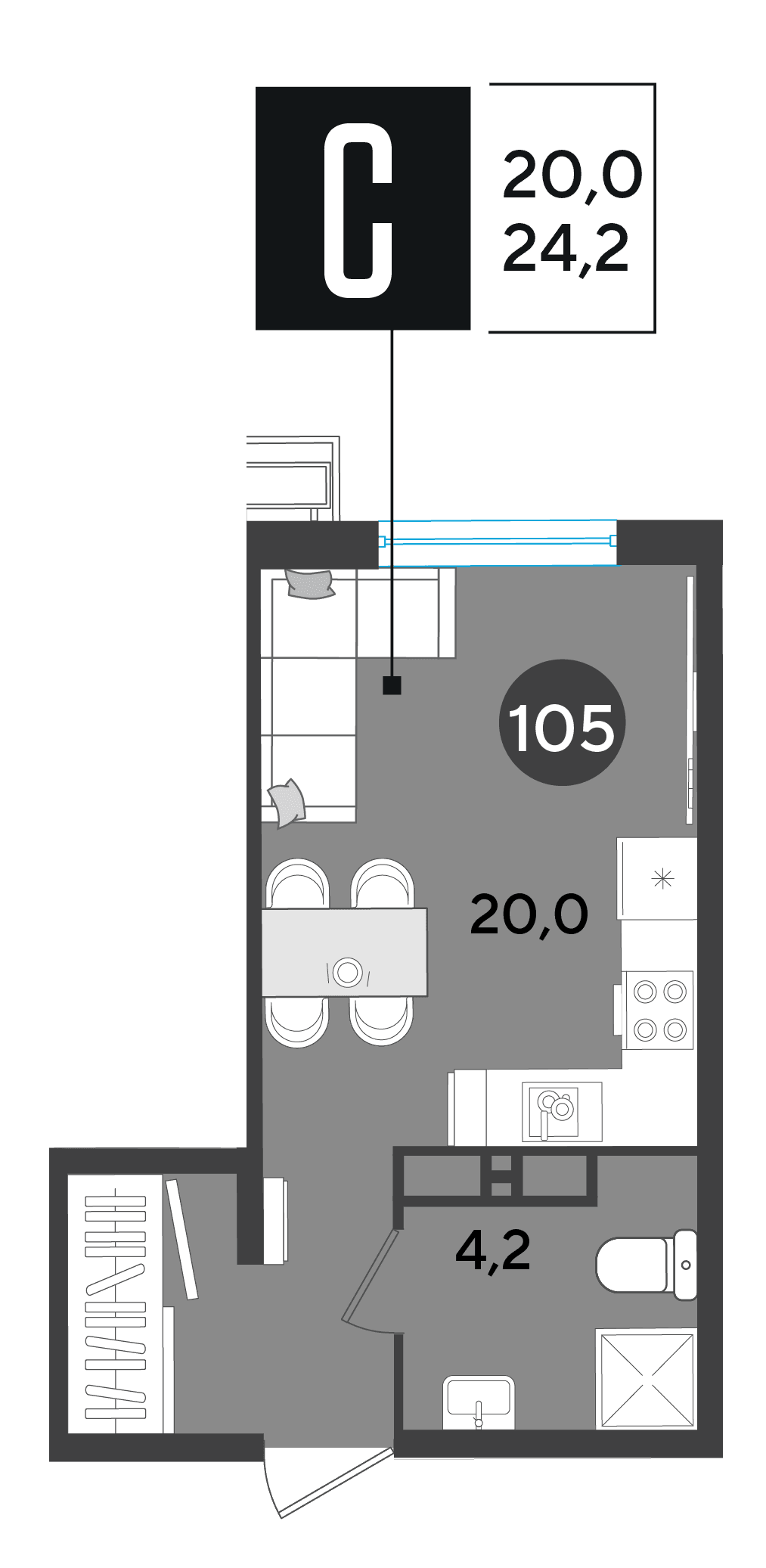 Студия, 24.2 м² · Парк Победы-2