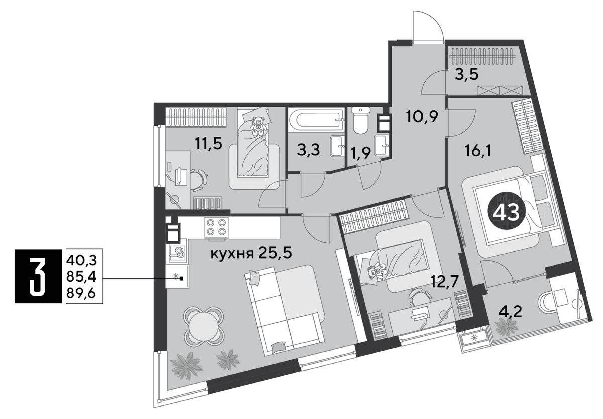 3-к, 89.6 м² · Парк Победы-2
