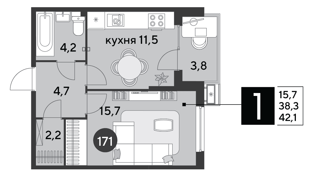 1-к, 42.1 м² · Парк Победы-2