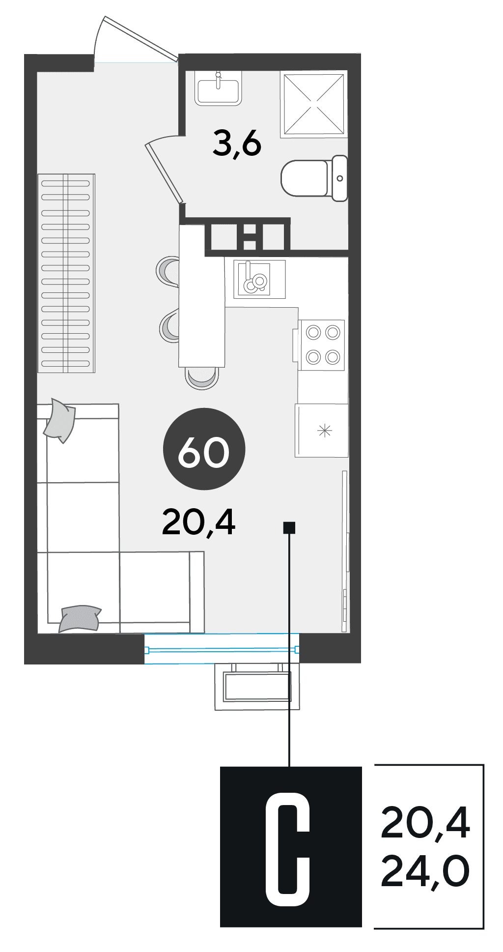 Студия, 24 м² · Парк Победы-2