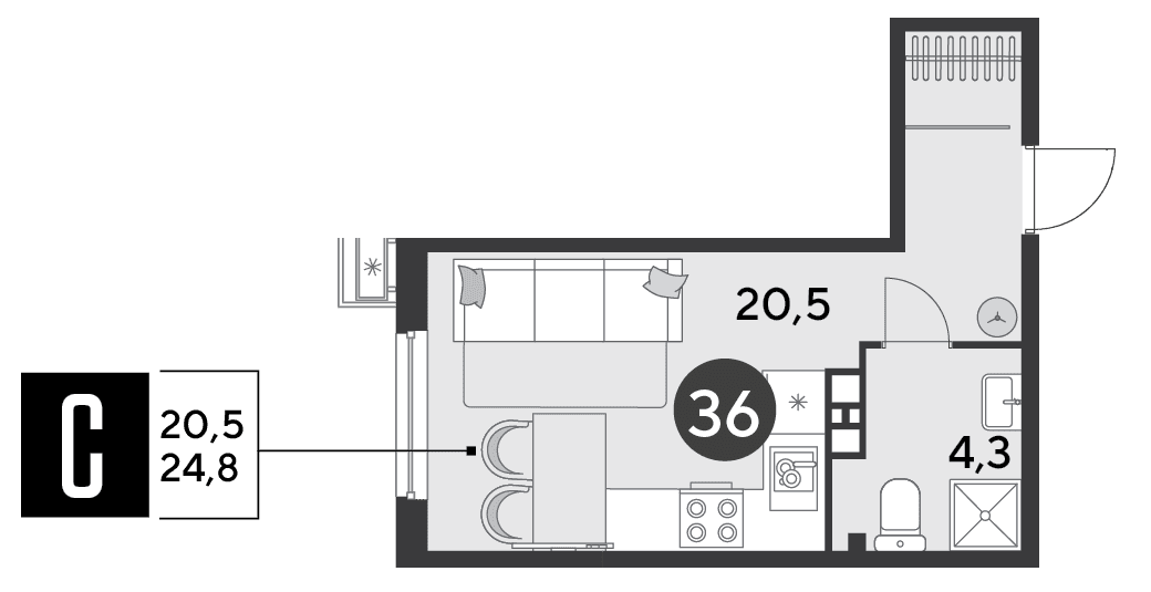 Студия, 24.8 м² · Парк Победы-2