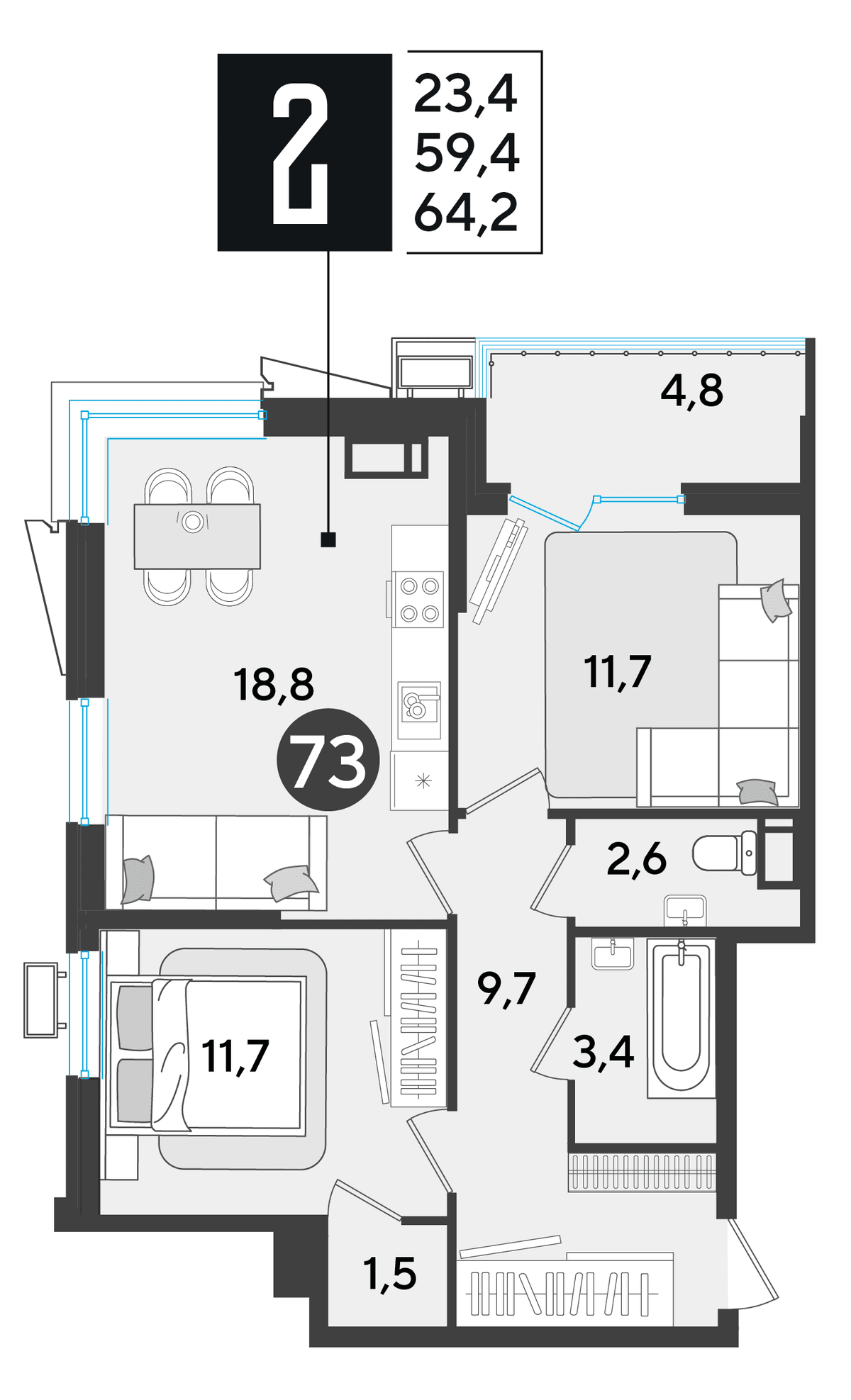 2-к, 63.7 м² · Парк Победы-2