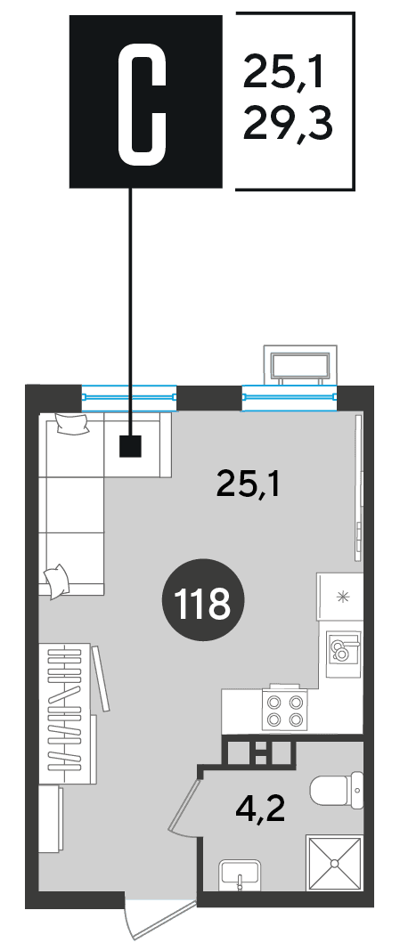 Студия, 29.3 м² · Парк Победы-2