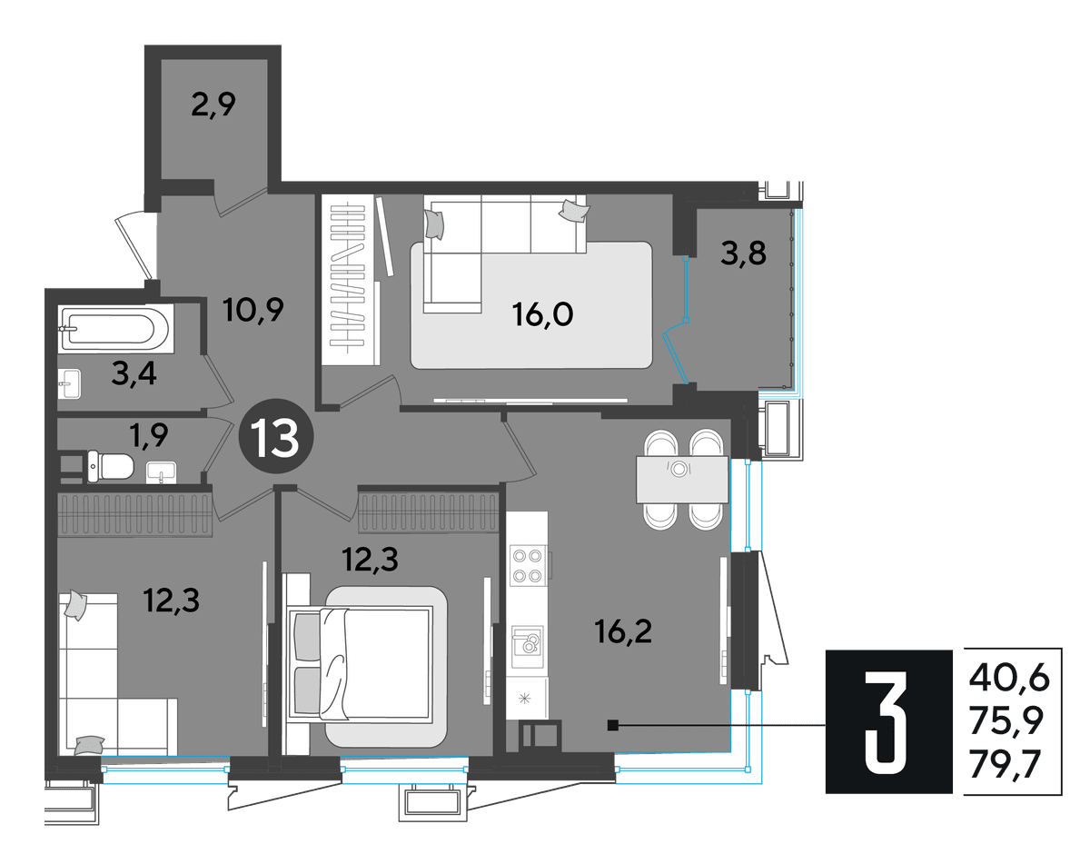 3-к, 79.1 м² · Парк Победы-2