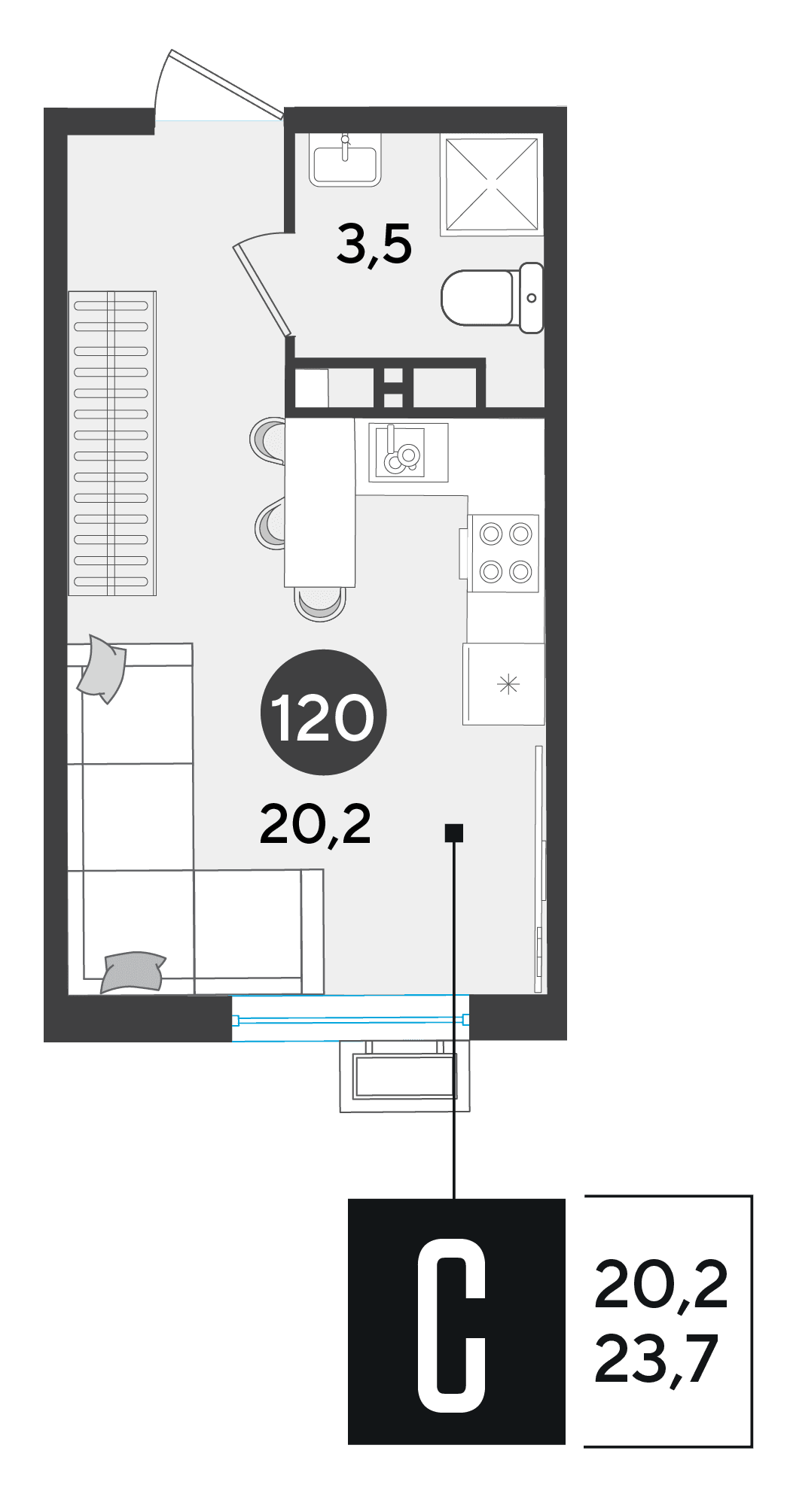 Студия, 23.7 м² · Парк Победы-2