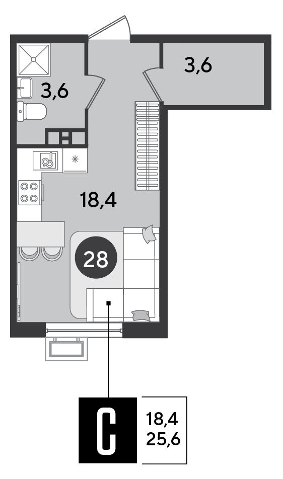 Студия, 25.6 м² · Парк Победы-2
