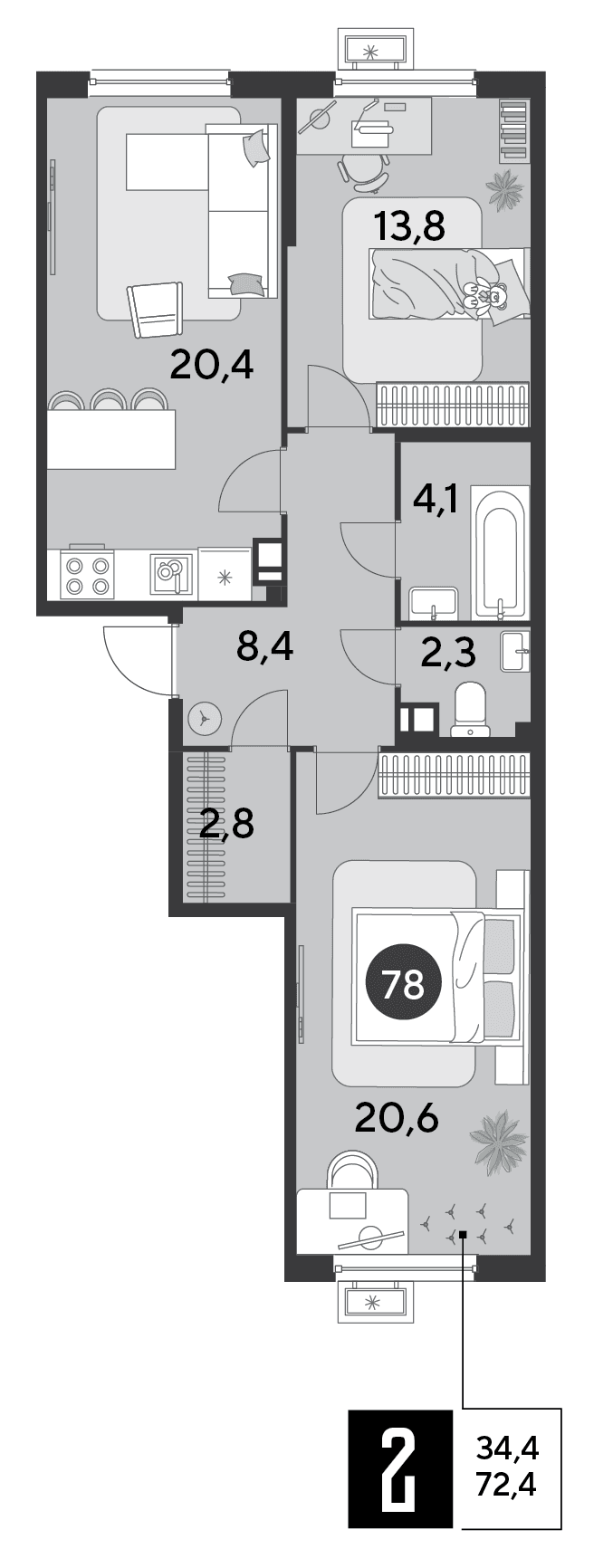 2-к, 72.4 м² · Парк Победы-2