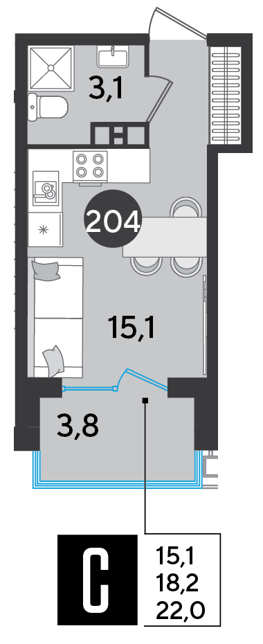 Студия, 22 м² · Парк Победы-2