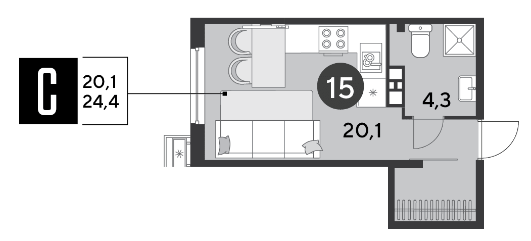 Студия, 24.4 м² · Парк Победы-2