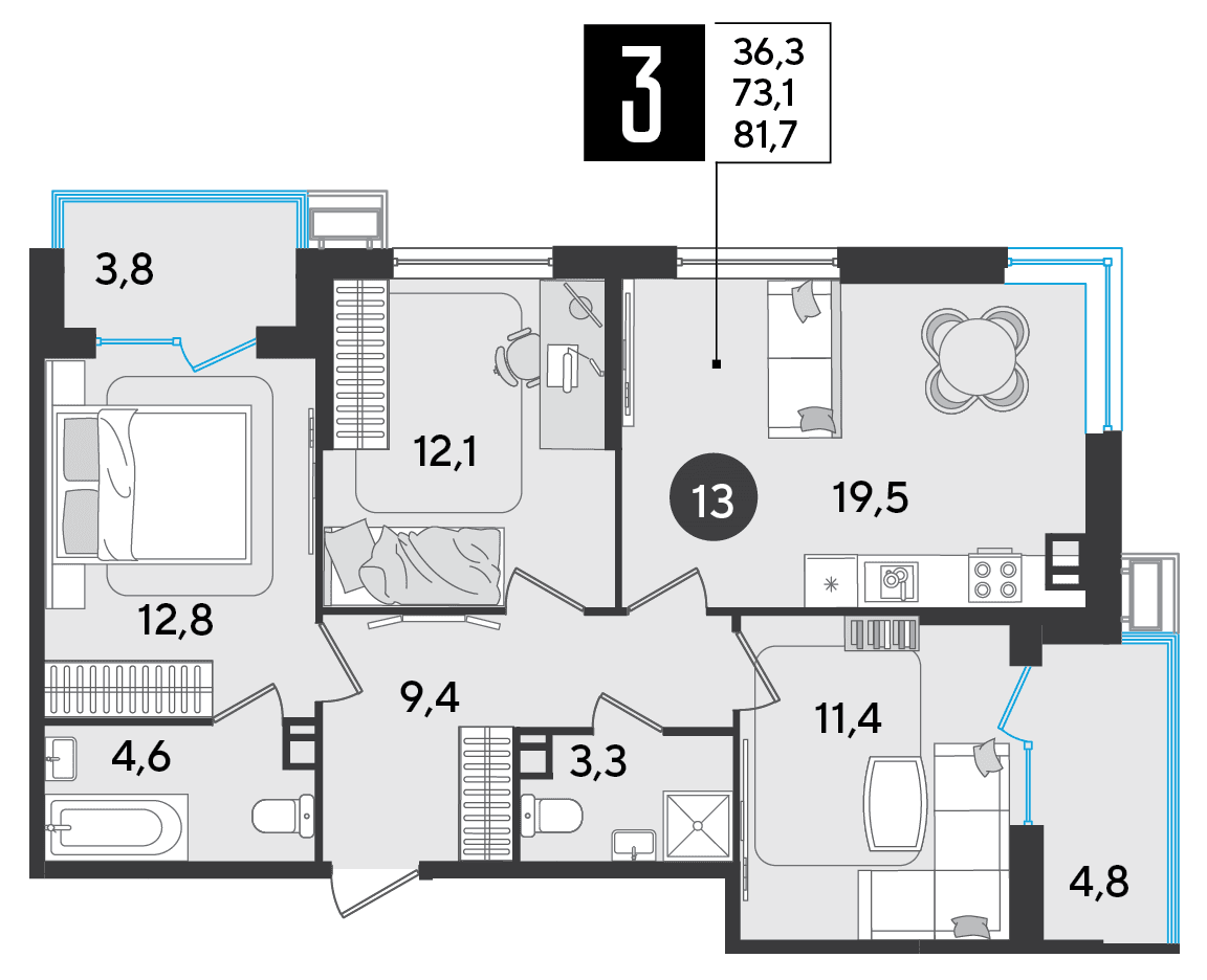 3-к, 81.7 м² · Парк Победы-2