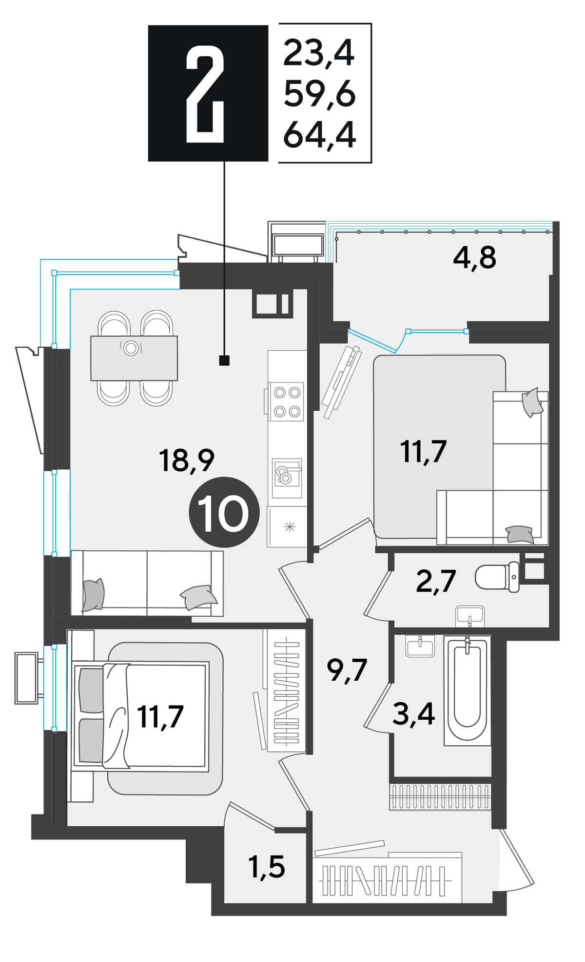 2-к, 63.8 м² · Парк Победы-2