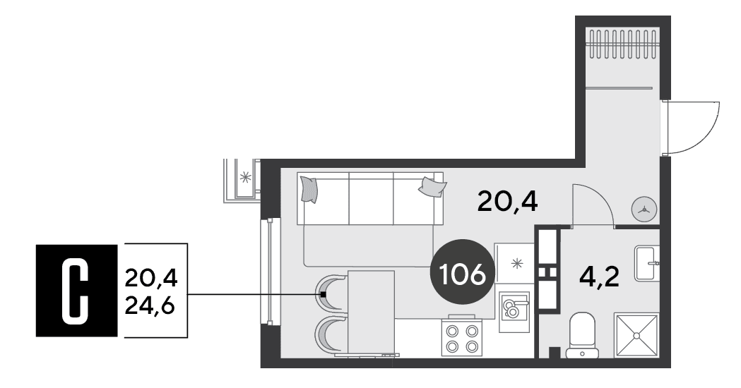 Студия, 24.6 м² · Парк Победы-2