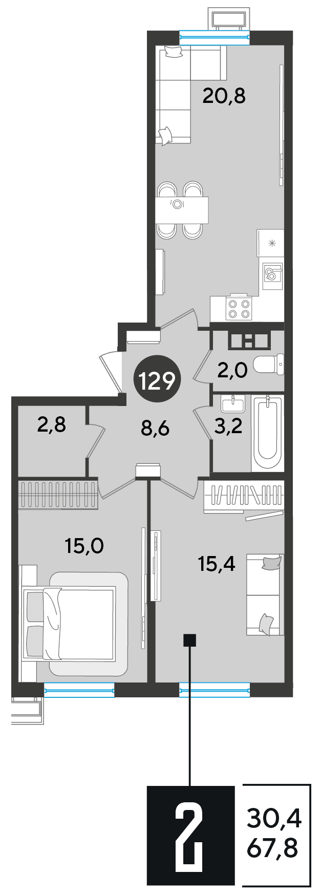 2-к, 67.8 м² · Парк Победы-2