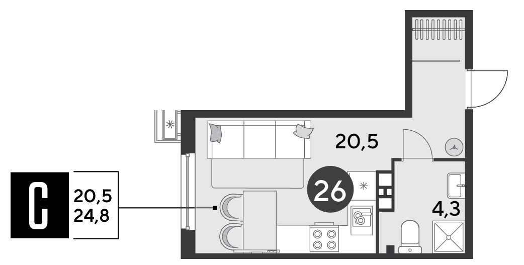 Студия, 24.8 м² · Парк Победы-2