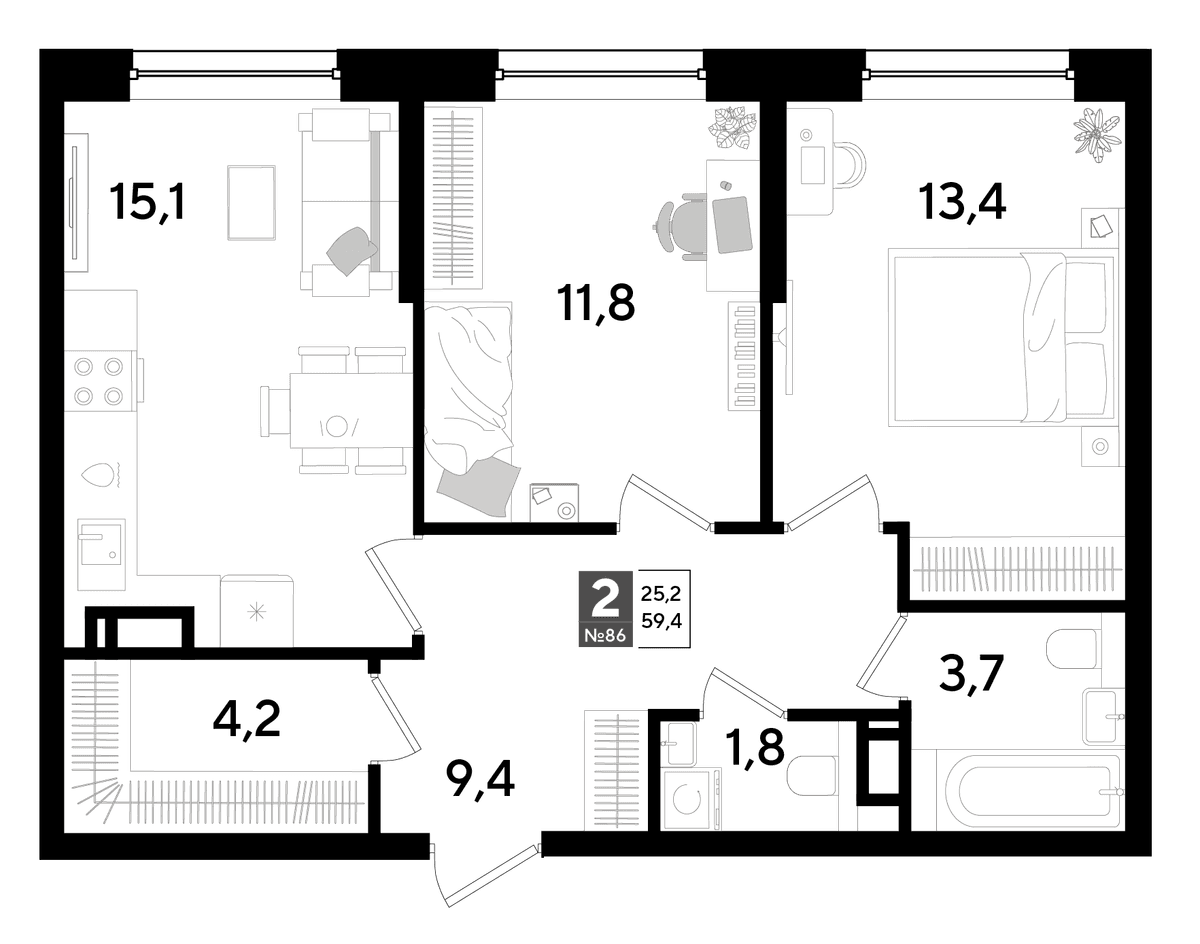 2-к, 59.4 м² · DОГМА ПАРК