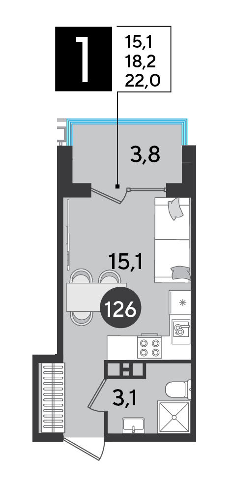 Студия, 22 м² · Парк Победы-2