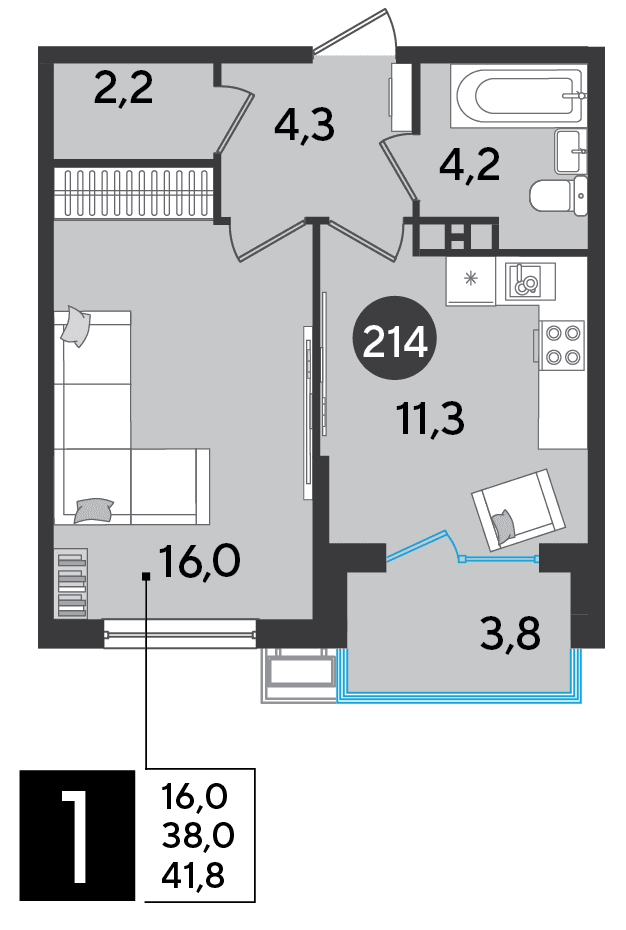1-к, 41.8 м² · Парк Победы-2