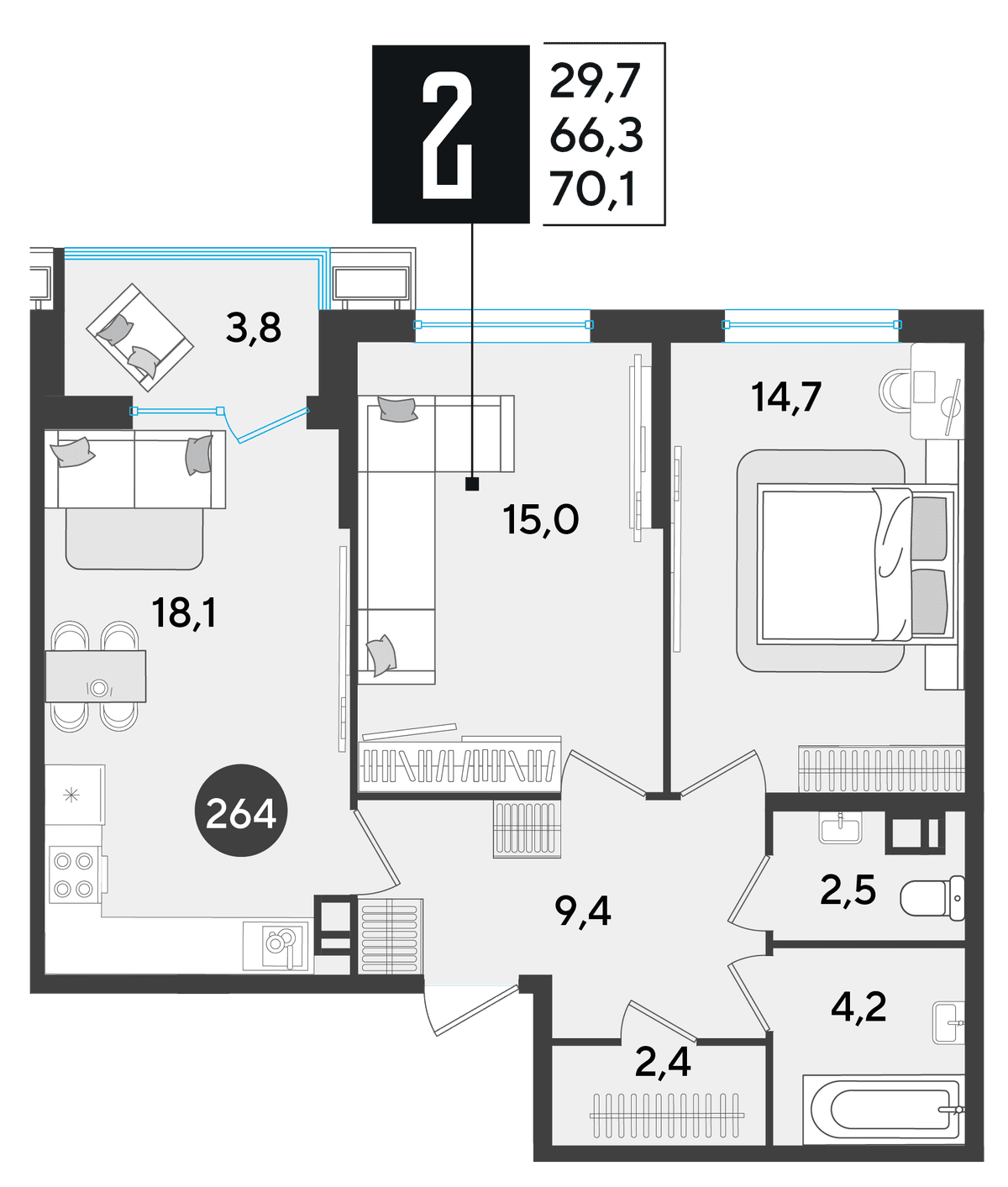 2-к, 70.1 м² · Парк Победы-2