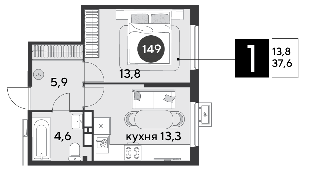 1-к, 37.6 м² · Парк Победы-2