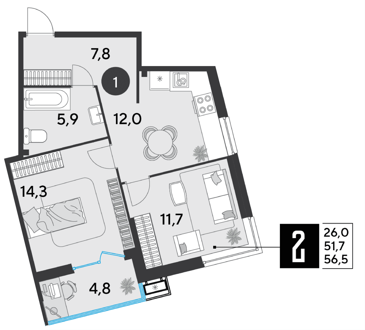 2-к, 56.5 м² · Парк Победы-2