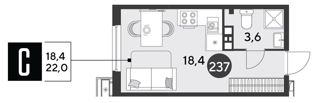Студия, 22 м² · Парк Победы-2