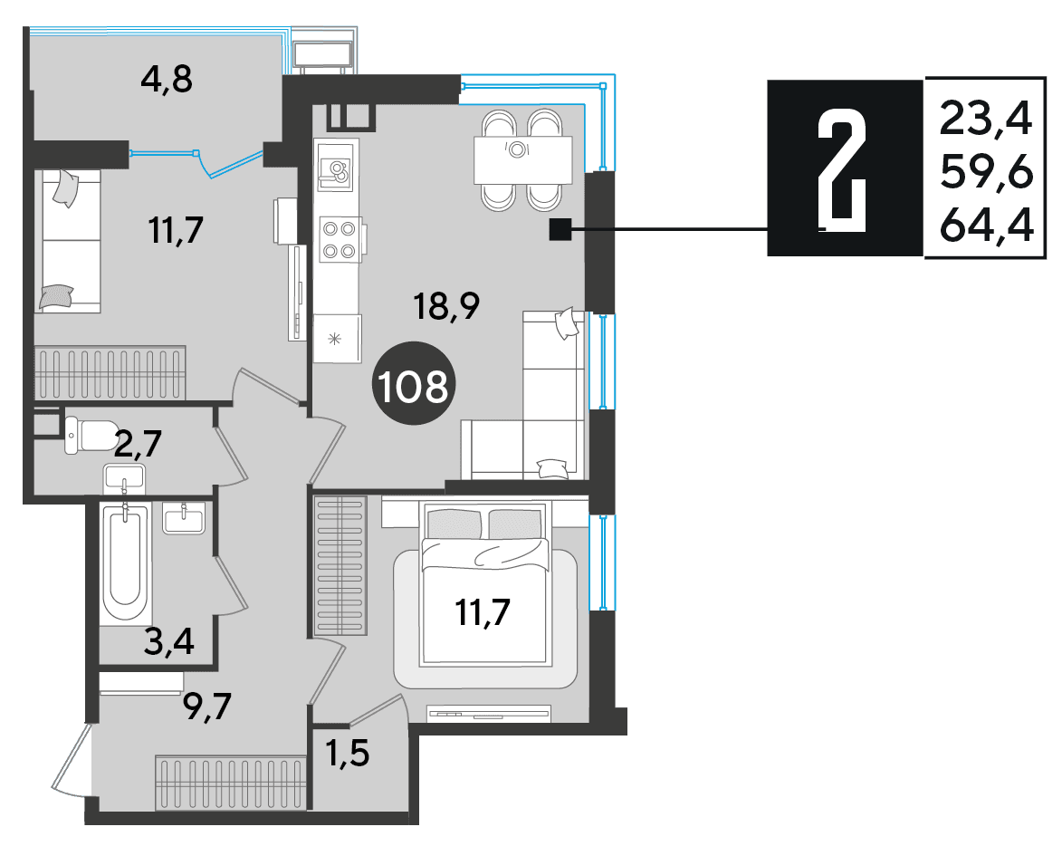 2-к, 64.4 м² · Парк Победы-2