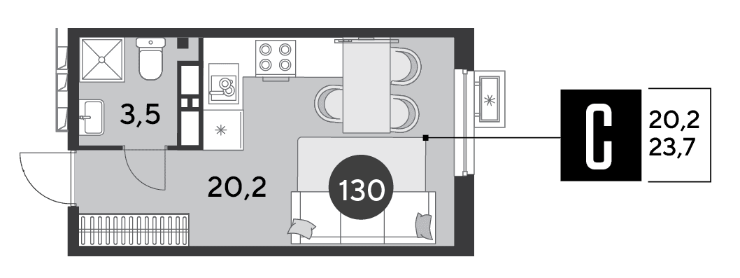 Студия, 23.7 м² · Парк Победы-2
