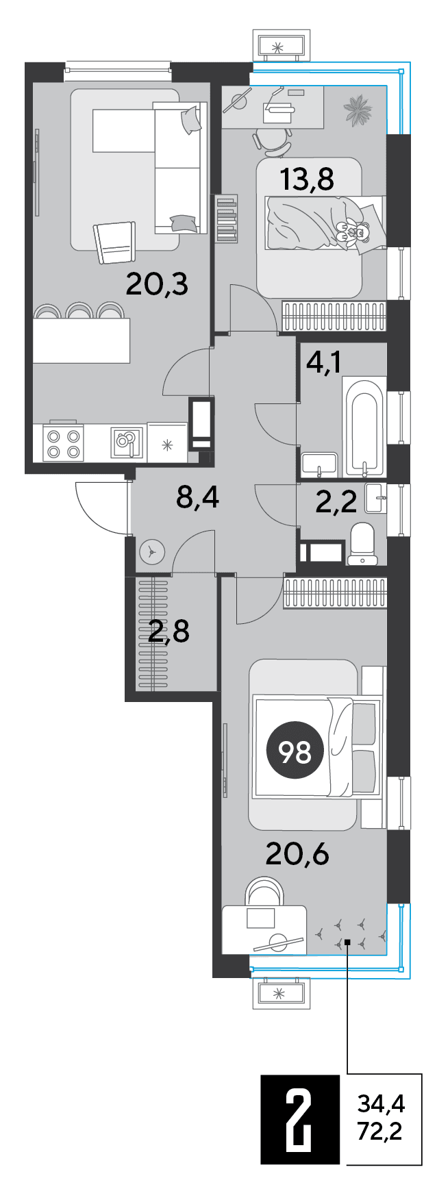 2-к, 72.2 м² · Парк Победы-2