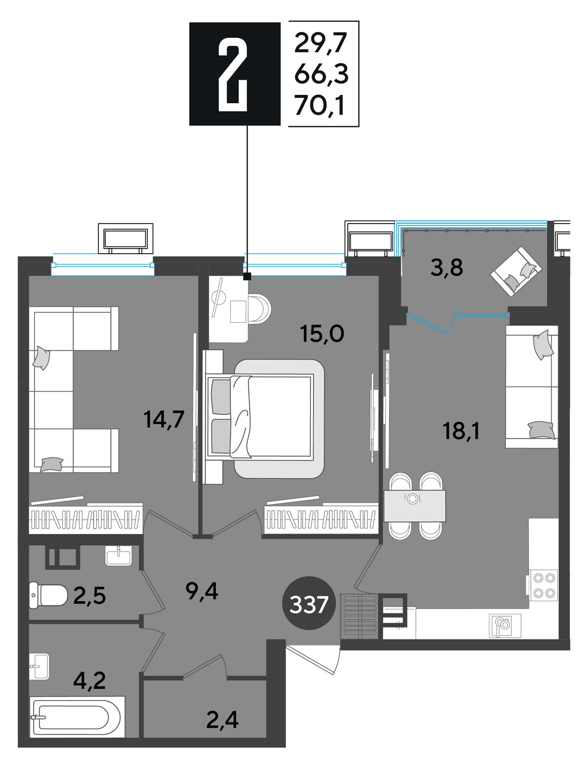 2-к, 70.1 м² · Парк Победы-2