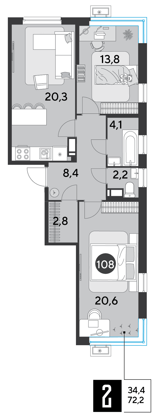 2-к, 72.2 м² · Парк Победы-2