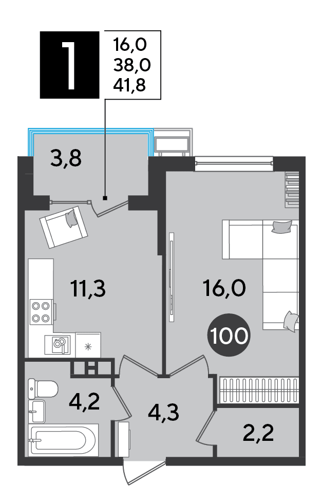 1-к, 41.8 м² · Парк Победы-2