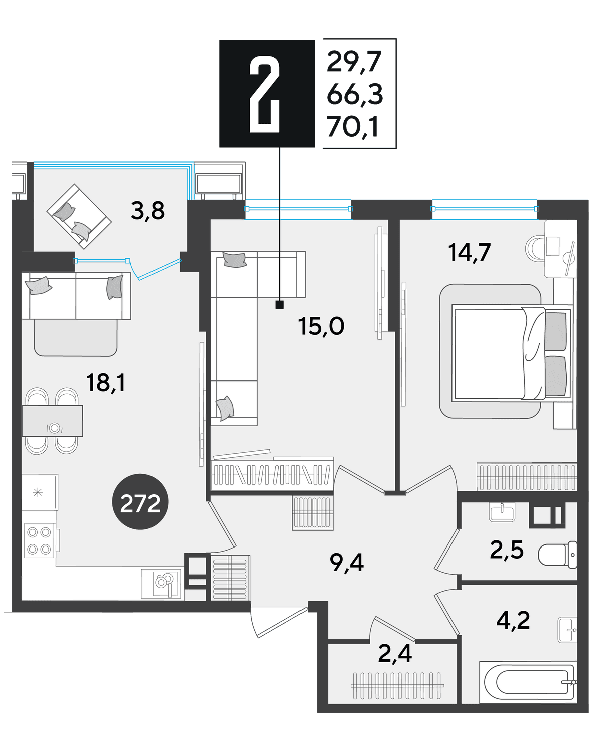 2-к, 70.1 м² · Парк Победы-2
