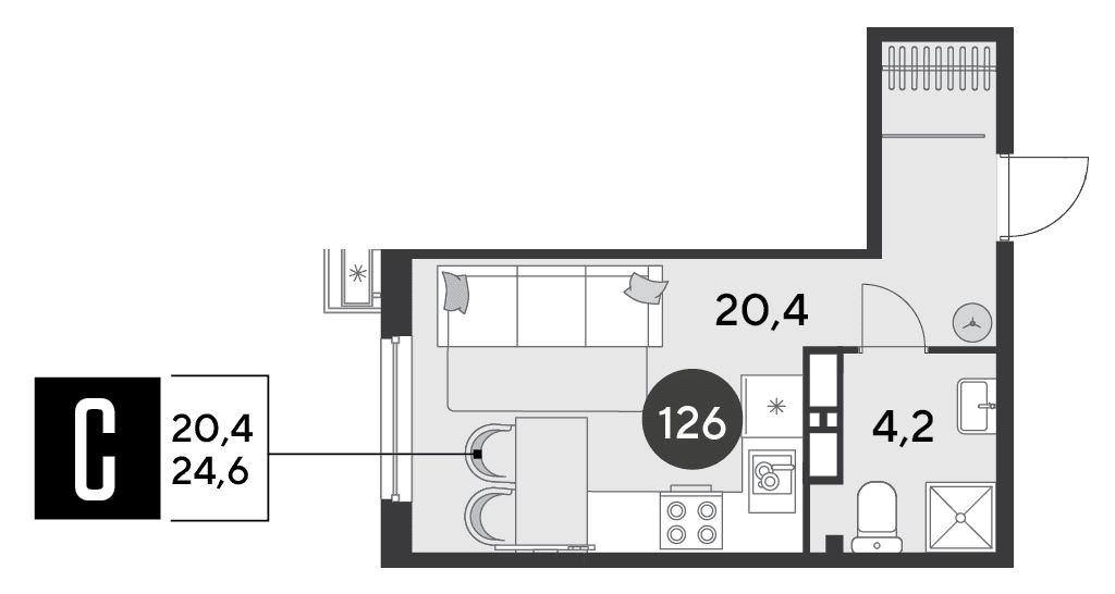 Студия, 24.6 м² · Парк Победы-2
