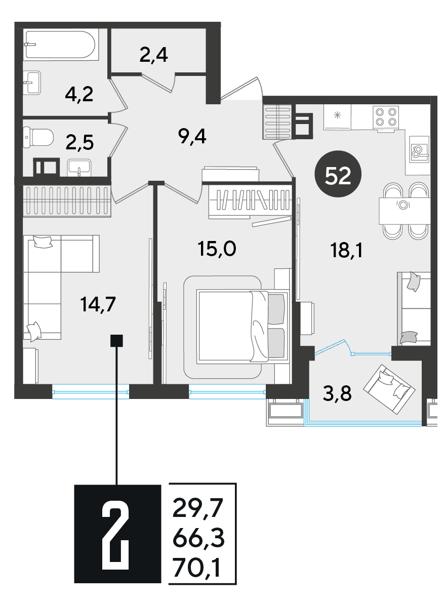 2-к, 70.1 м² · Парк Победы-2