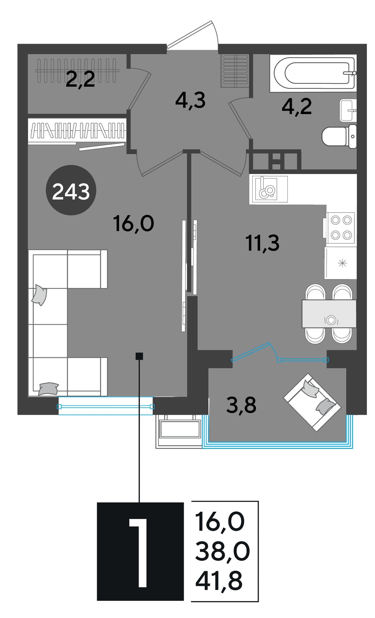 1-к, 41.8 м² · Парк Победы-2