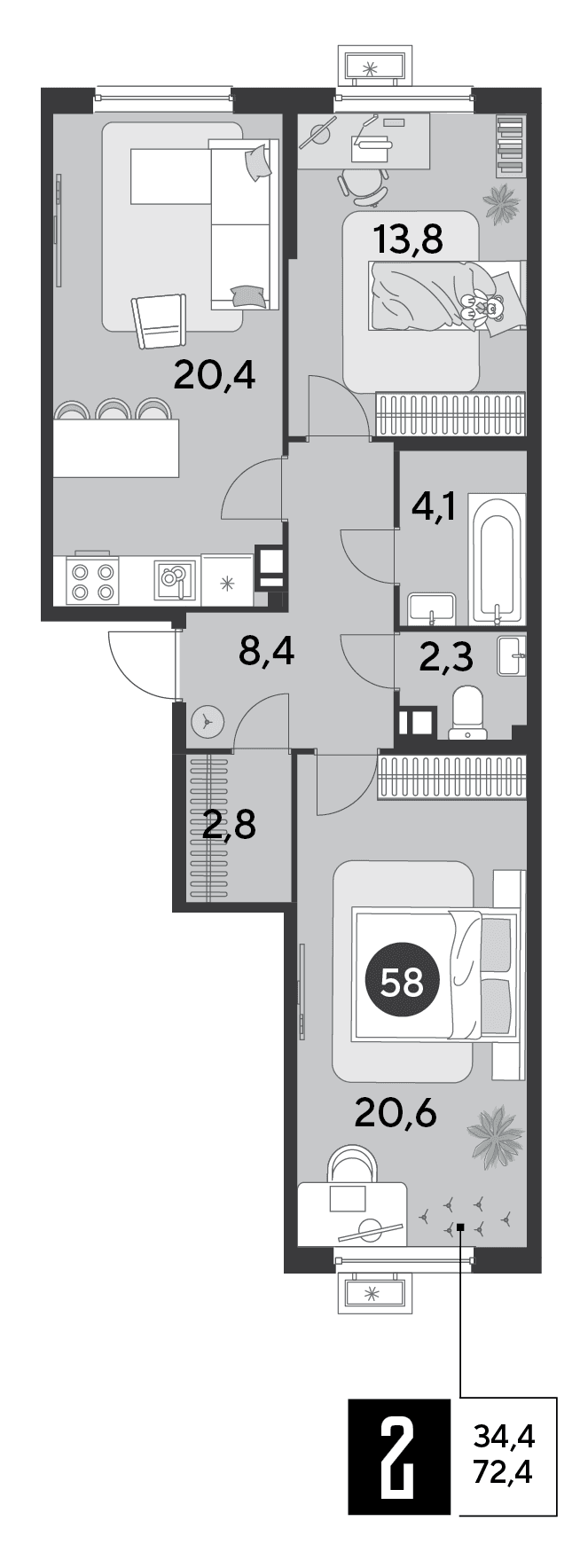 2-к, 72.4 м² · Парк Победы-2