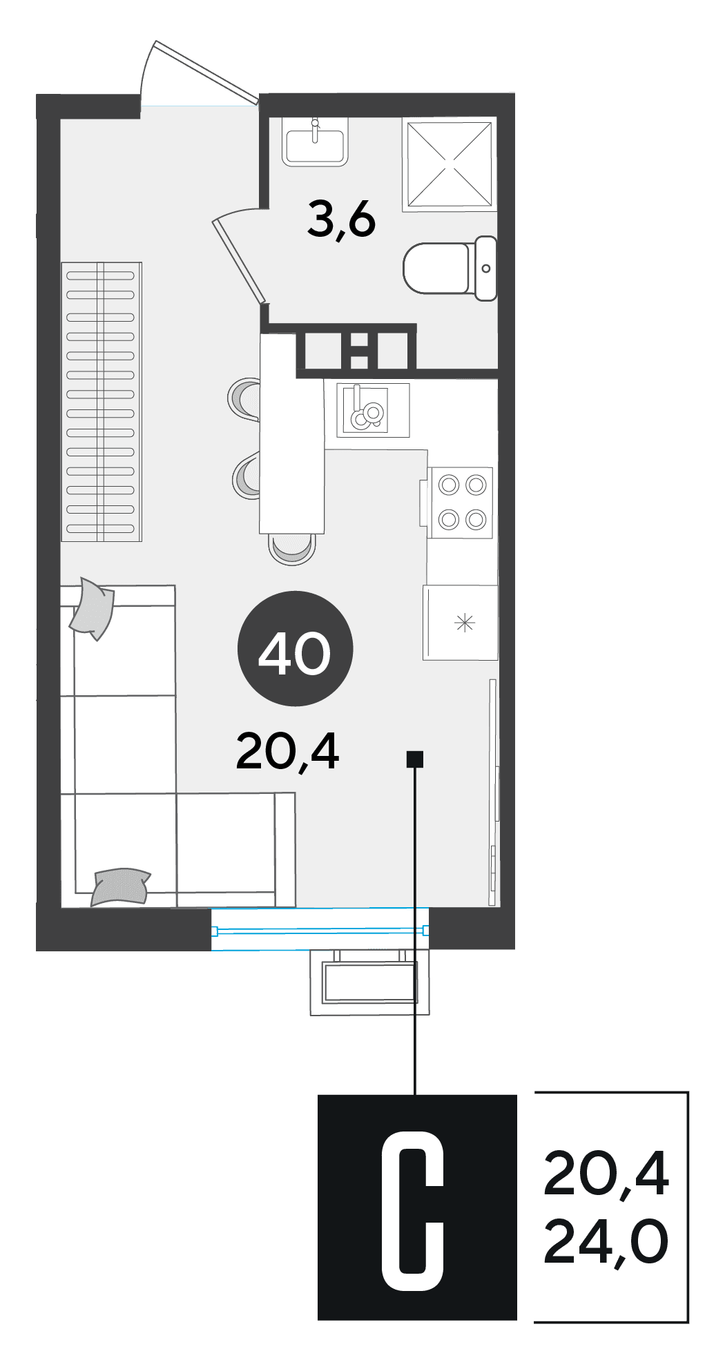 Студия, 24 м² · Парк Победы-2
