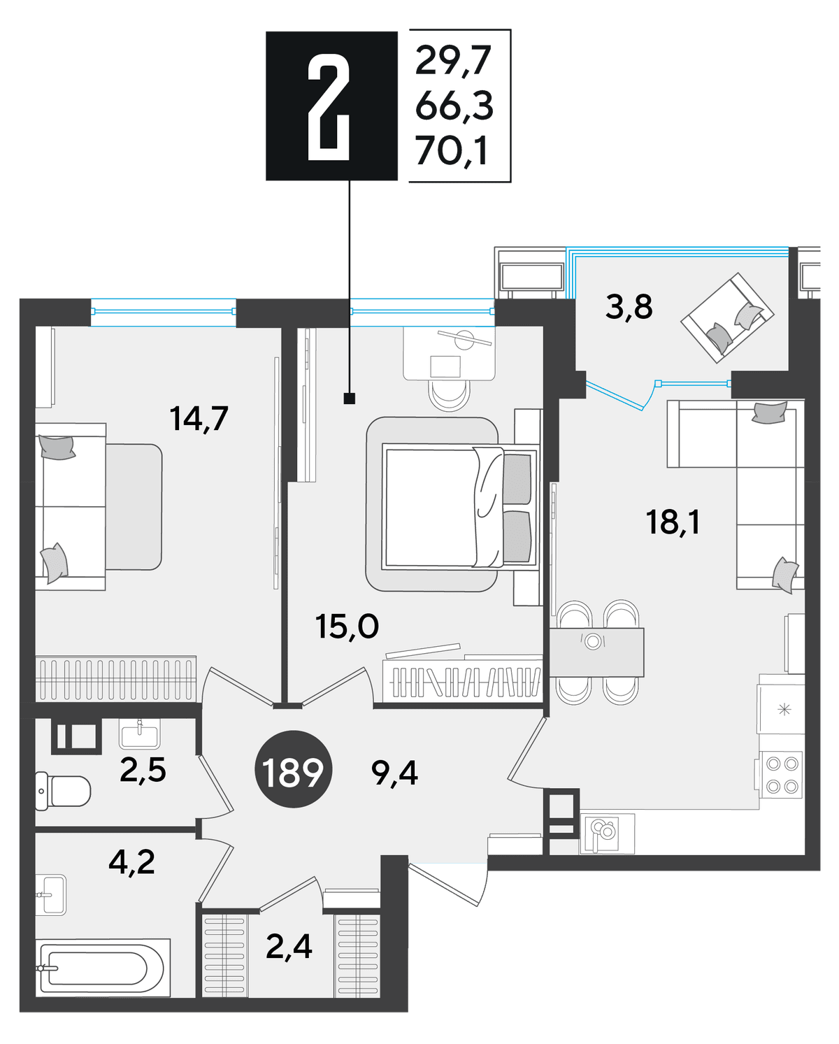 2-к, 70.1 м² · Парк Победы-2