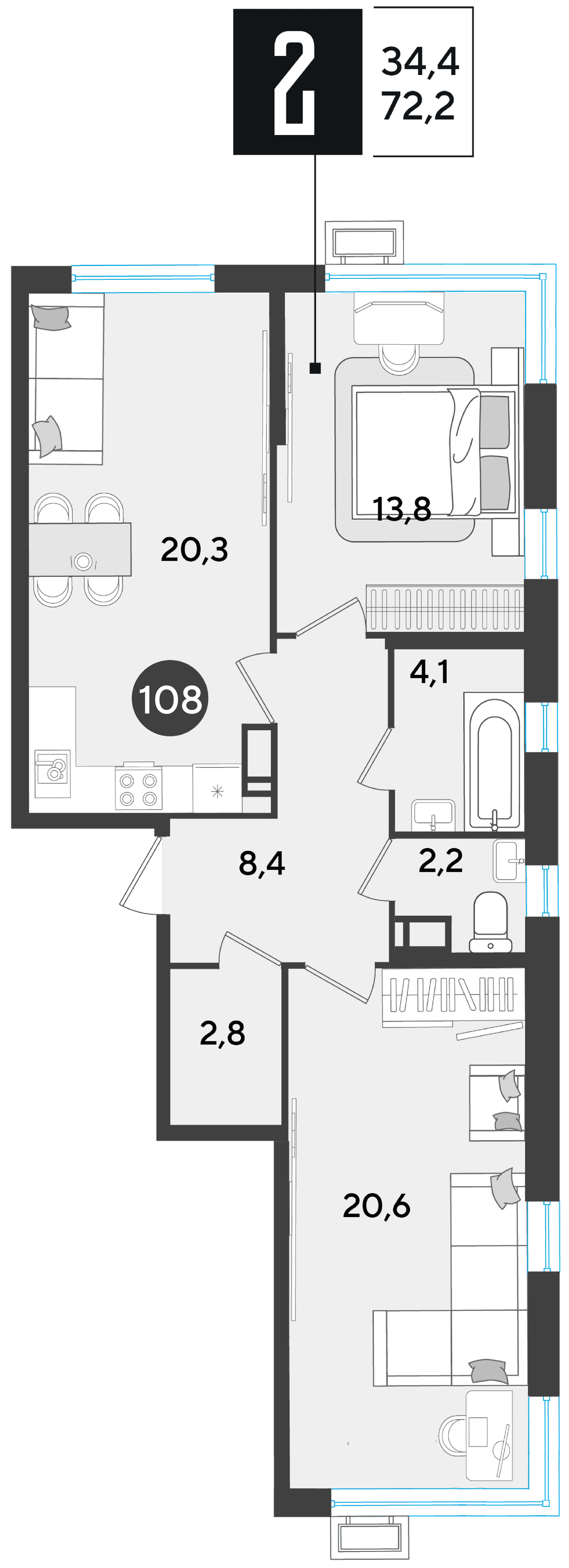 2-к, 72.2 м² · Парк Победы-2