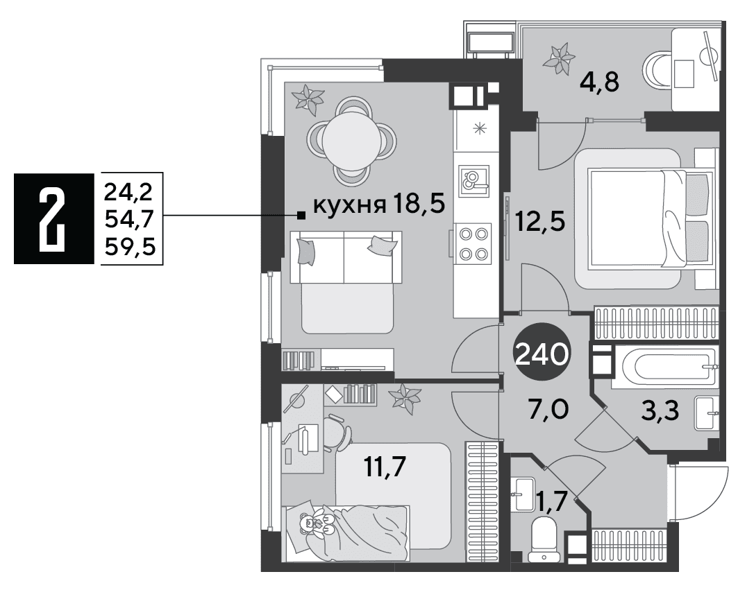 2-к, 59.5 м² · Парк Победы-2