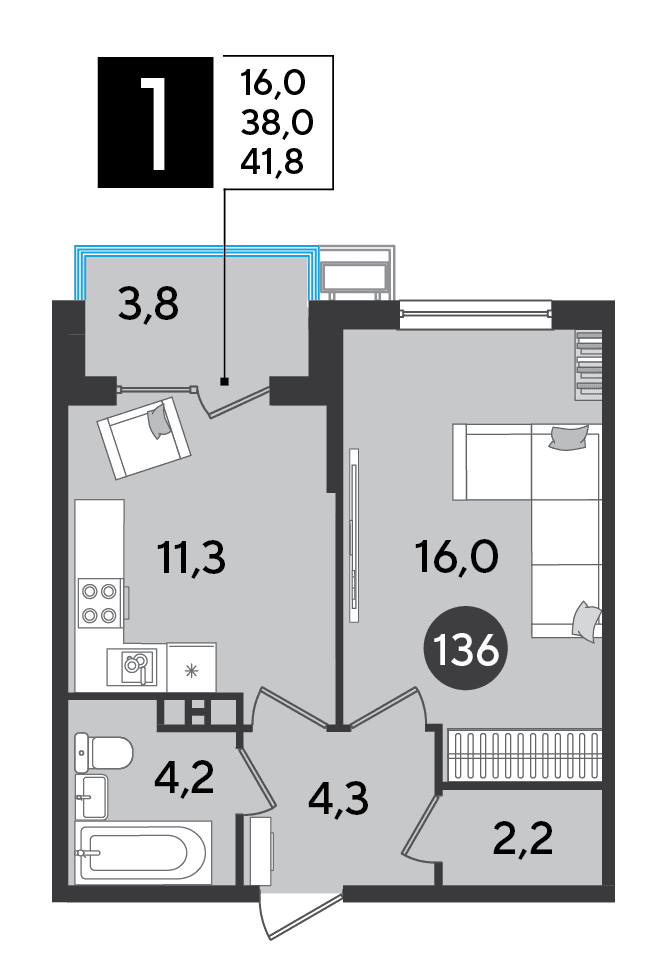 1-к, 41.8 м² · Парк Победы-2
