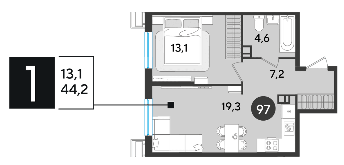 1-к, 44.2 м² · Парк Победы-2