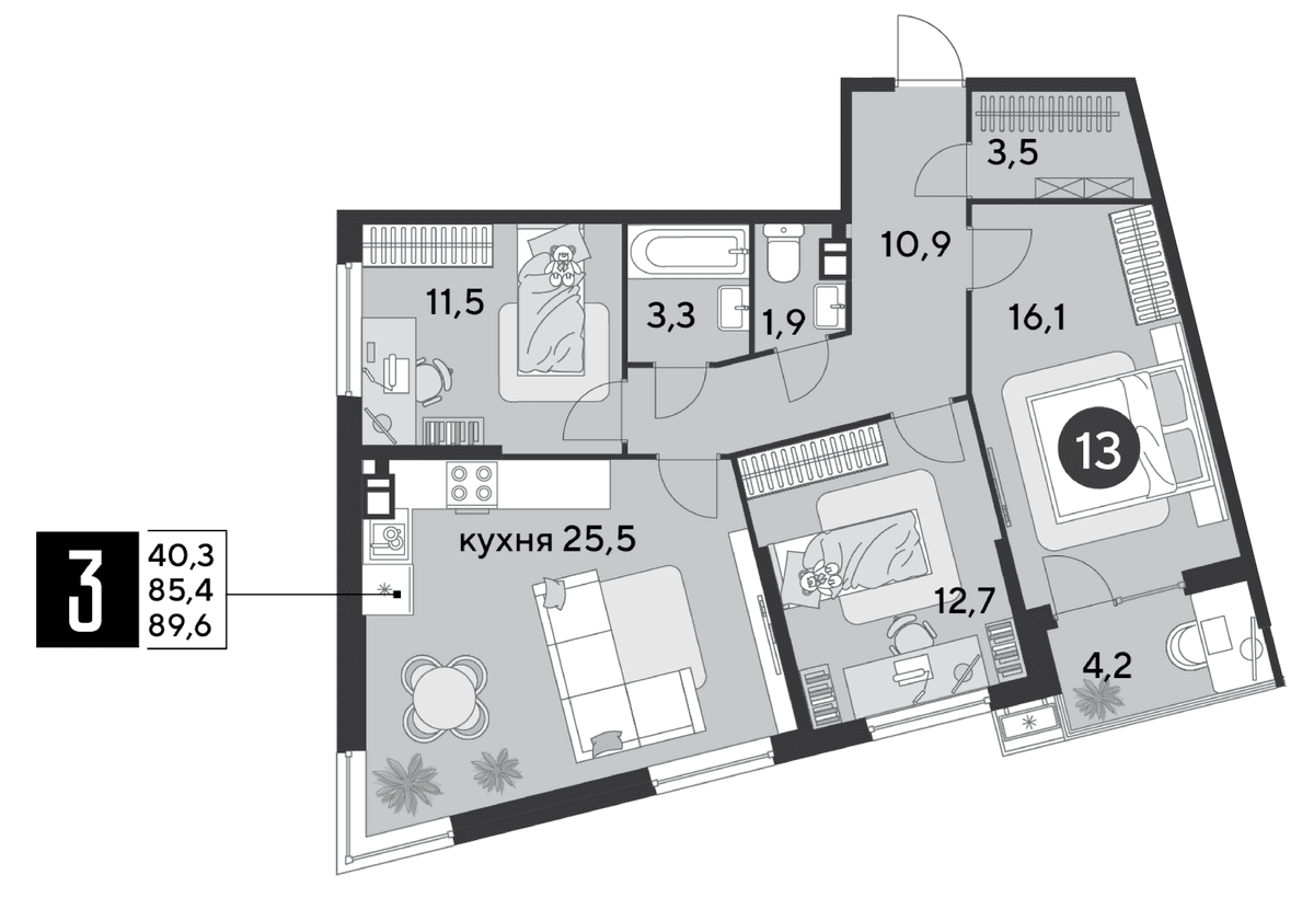 3-к, 89.6 м² · Парк Победы-2