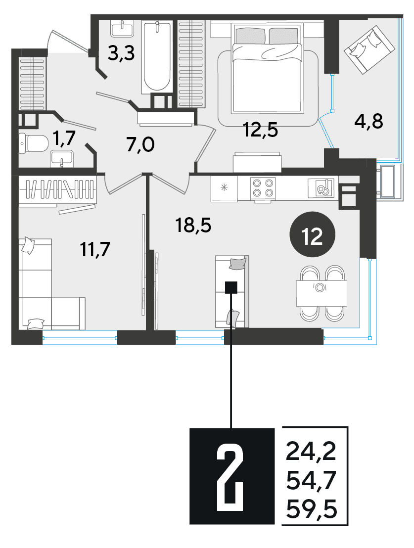 2-к, 59.5 м² · Парк Победы-2