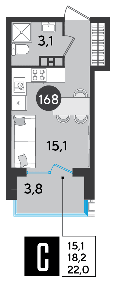 Студия, 22 м² · Парк Победы-2